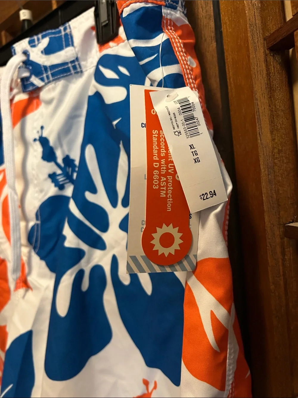 Old Navy White Swim Shorts with Blue & Orange Hibiscus Print XL NWT